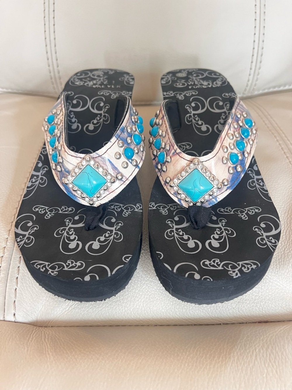 Boho Western Turquoise Wedge Flip Flops Platform Comfort Sandals 10